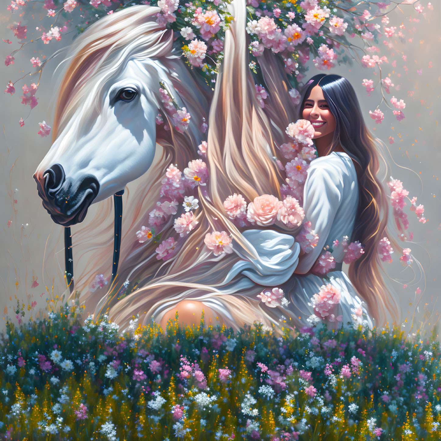 Woman with long hair smiles next to white horse in blooming flowers