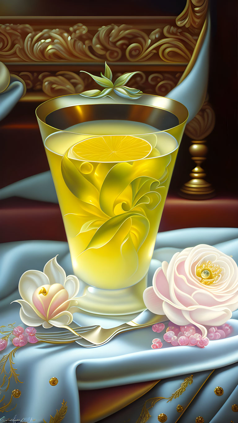 Stylized painting of lemon slice in glass with ornate backdrop, satin fabric, rose & beads