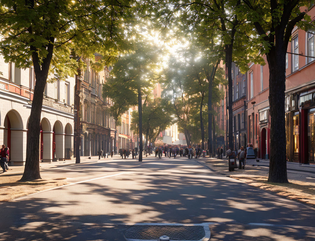 Tranquil urban street with people, trees, and old buildings