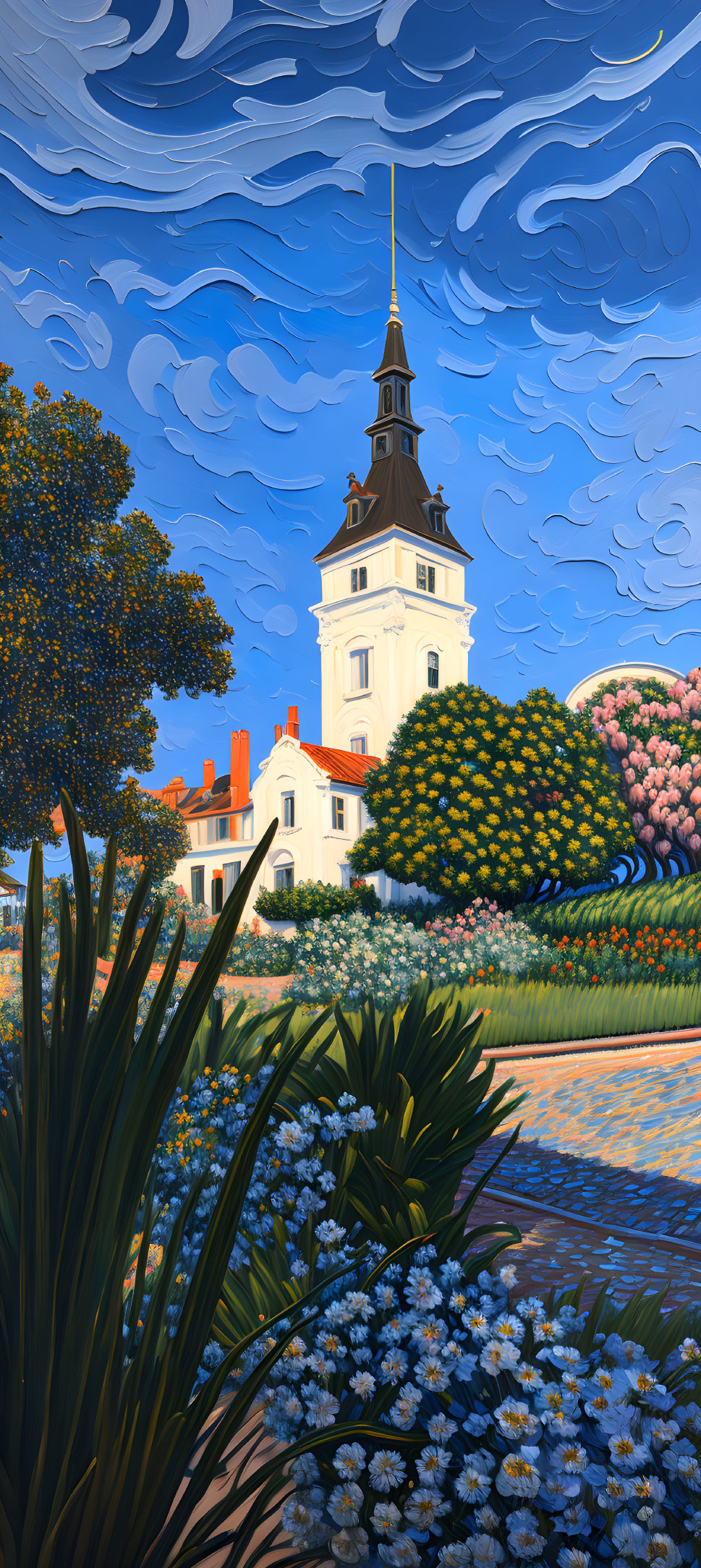 Vibrant painting of white building with spire in lush garden landscape