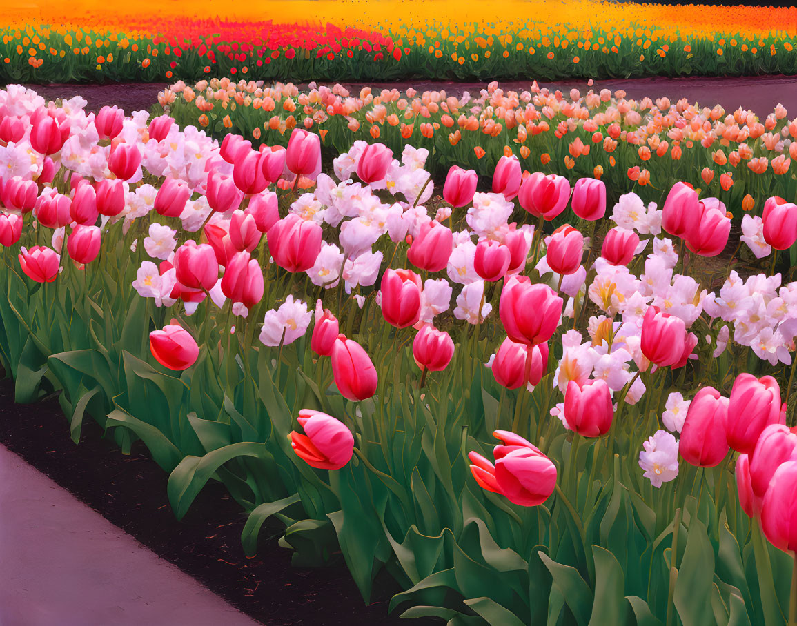 Colorful Sunset Sky Over Vibrant Tulip Field