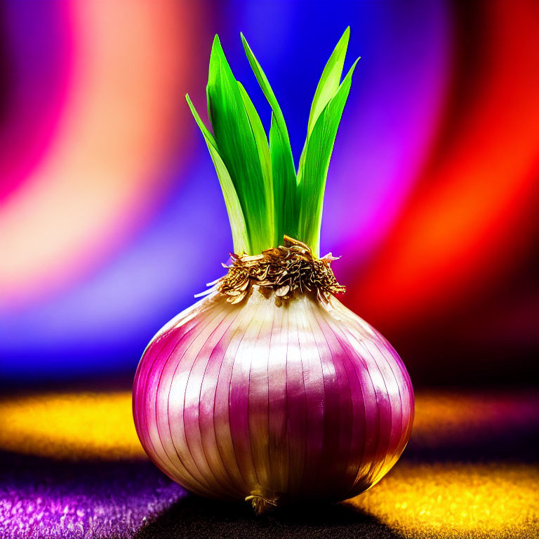 Sprouting garlic bulb with green shoots on vibrant background