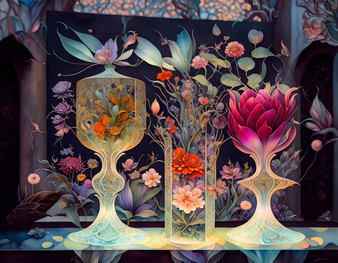 Colorful digital artwork: ornate goblets, flowers, butterflies, whimsical flora