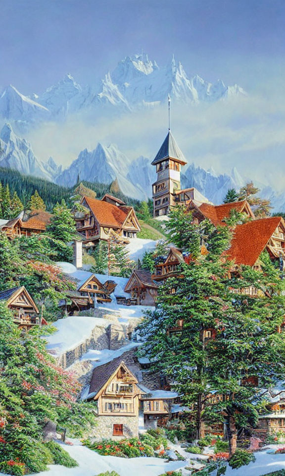 Snowy alpine village with church spire and mountains