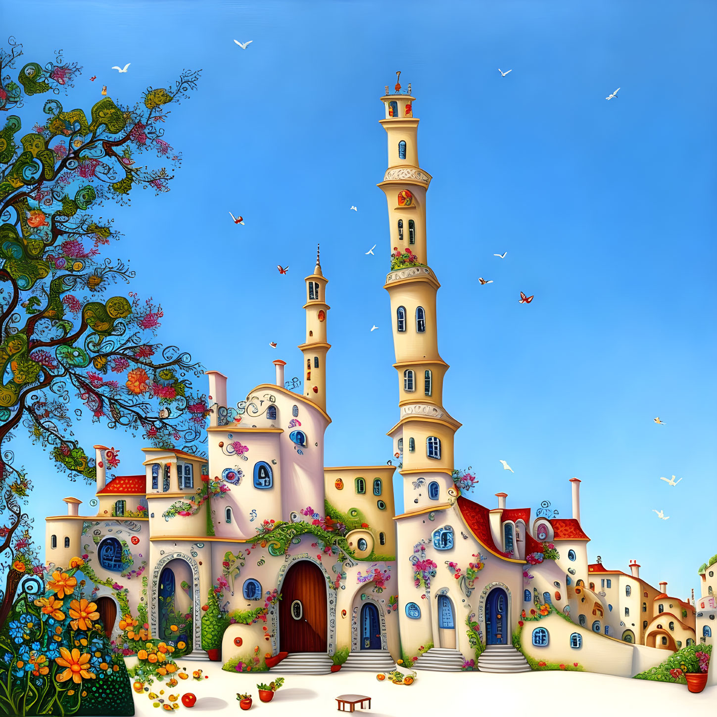 Colorful whimsical castle with towers and flowers under blue sky