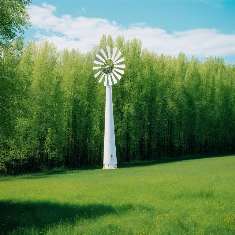 White Windmill in Green Meadow with Trees and Blue Sky