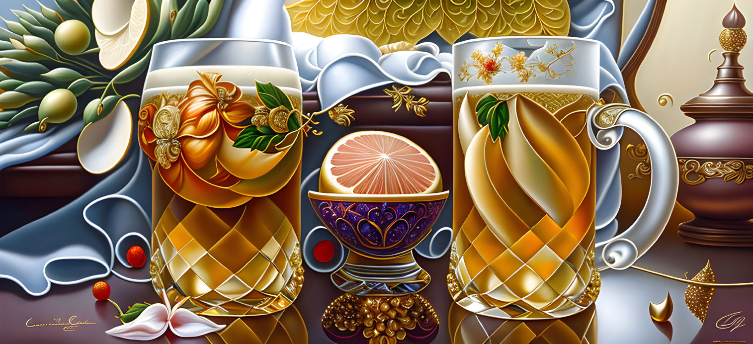 Ornate Beer Steins with Fruit and Hops Motifs on Draped Fabric Background