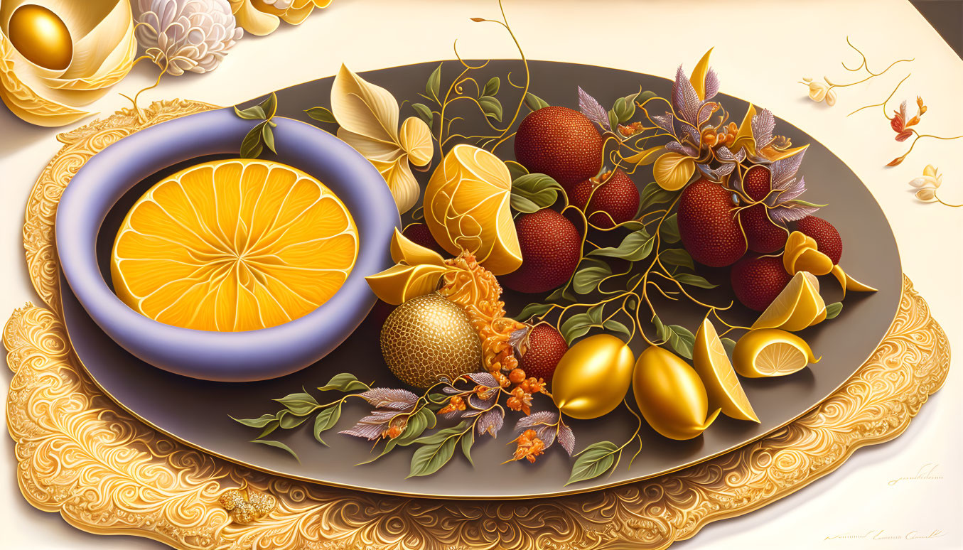 Colorful still-life painting with hyper-realistic fruits, flowers, and leaves on a golden-accent