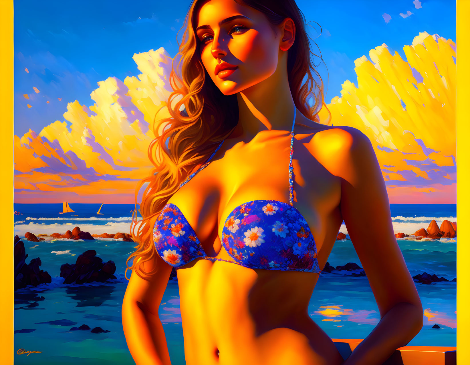 Digital art: Woman in floral bikini by the sea at sunset with sailboat & vibrant clouds