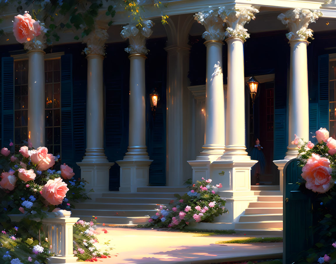 White column entrance with pink roses and warm glow at dusk