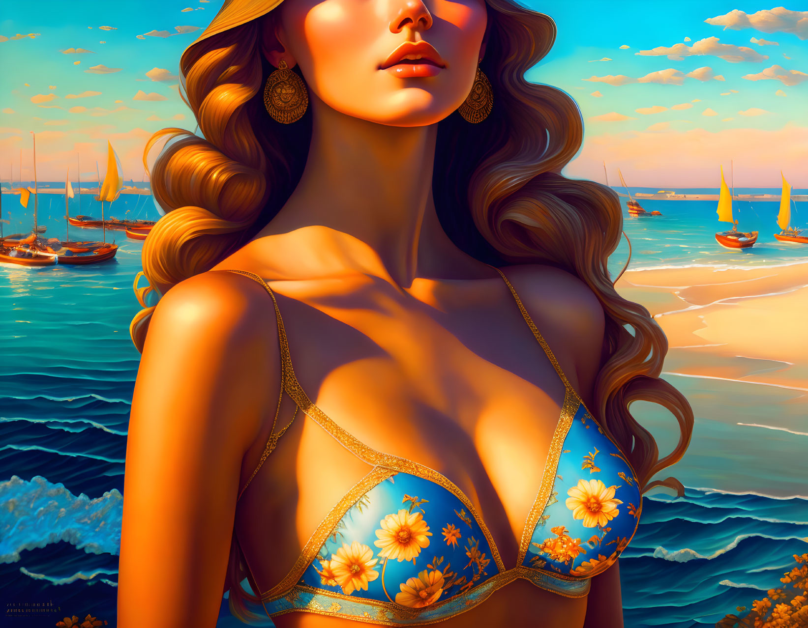 Stylized portrait of a woman with golden earrings beside a sunlit seascape.