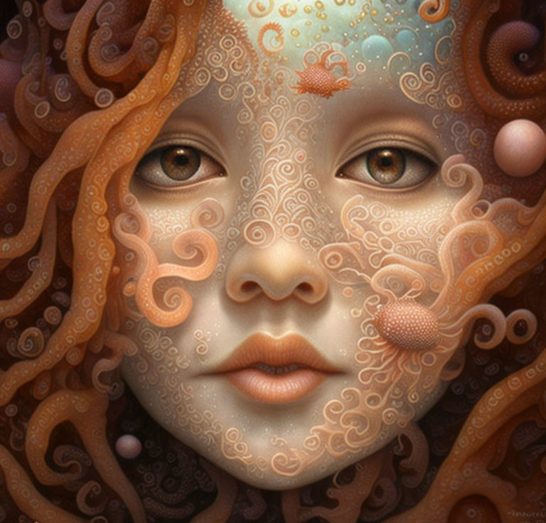 Intricate surreal portrait of a stylized female face with celestial elements.