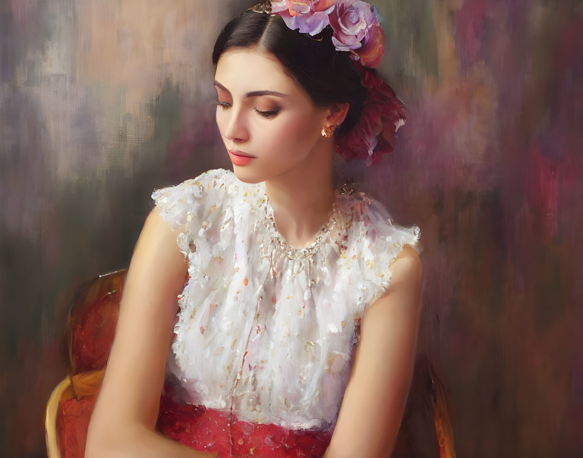 Portrait of woman with flowers in hair and elegant dress gazing downward