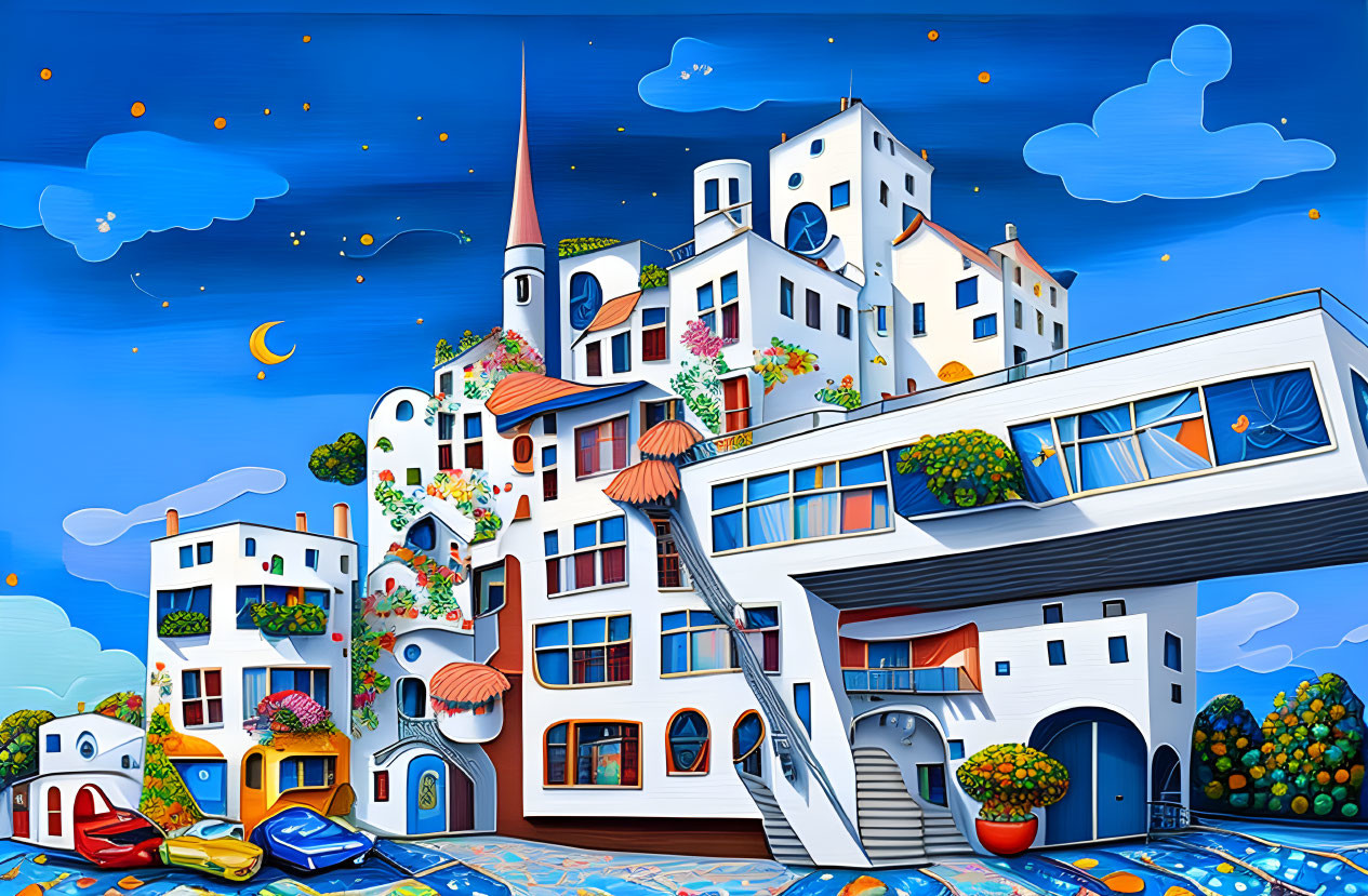 Colorful Stylized Town Artwork with Exaggerated Architecture & Starry Sky