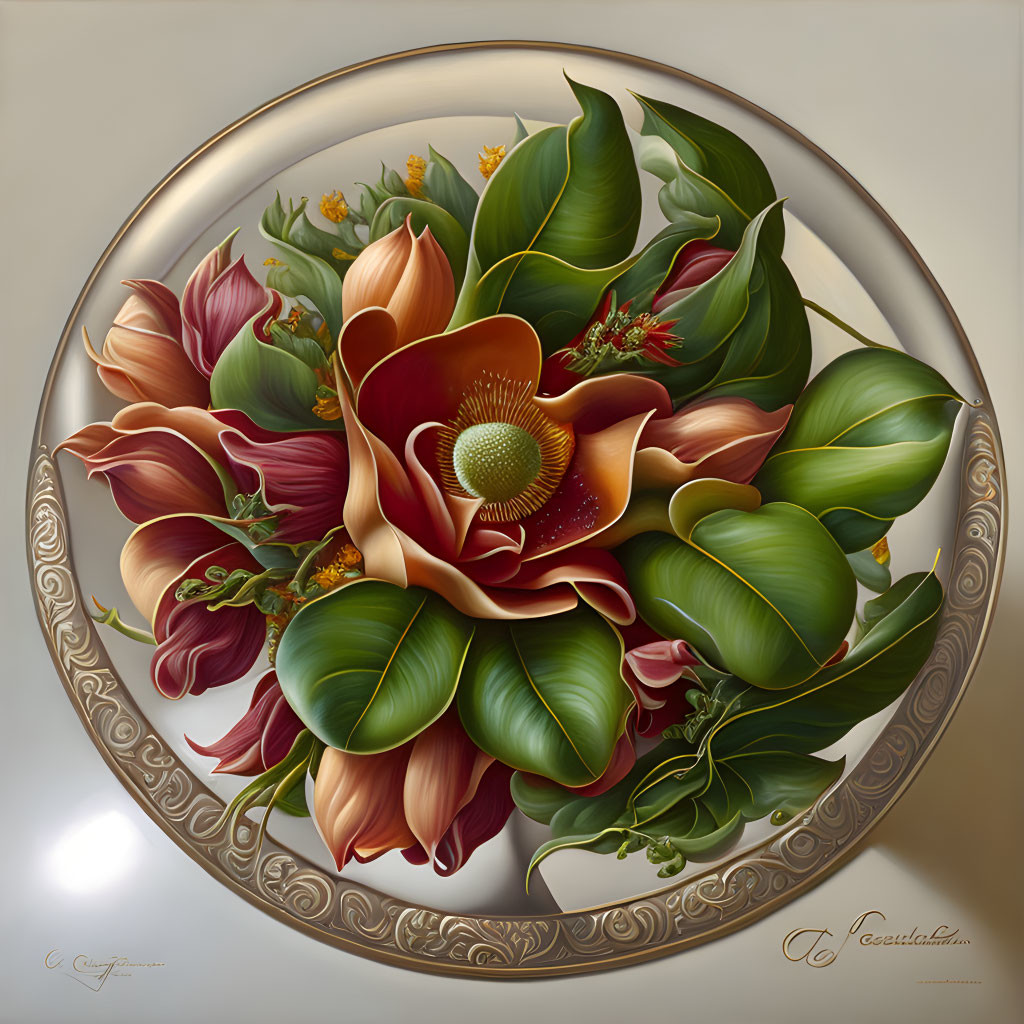 Vibrant 3D Relief Painting of Red Floral Arrangement