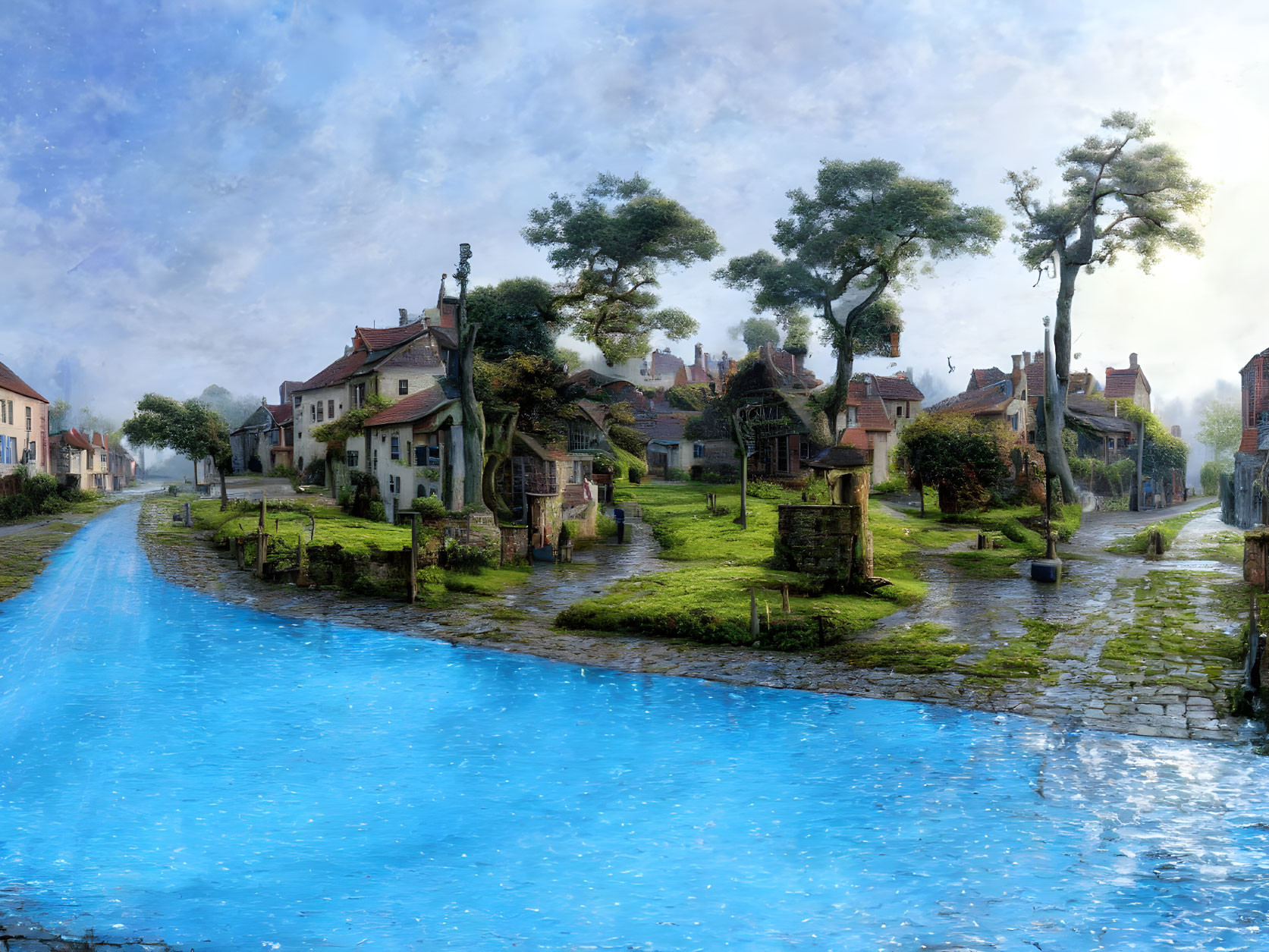 Fantasy village with cobblestone structures by vibrant blue river