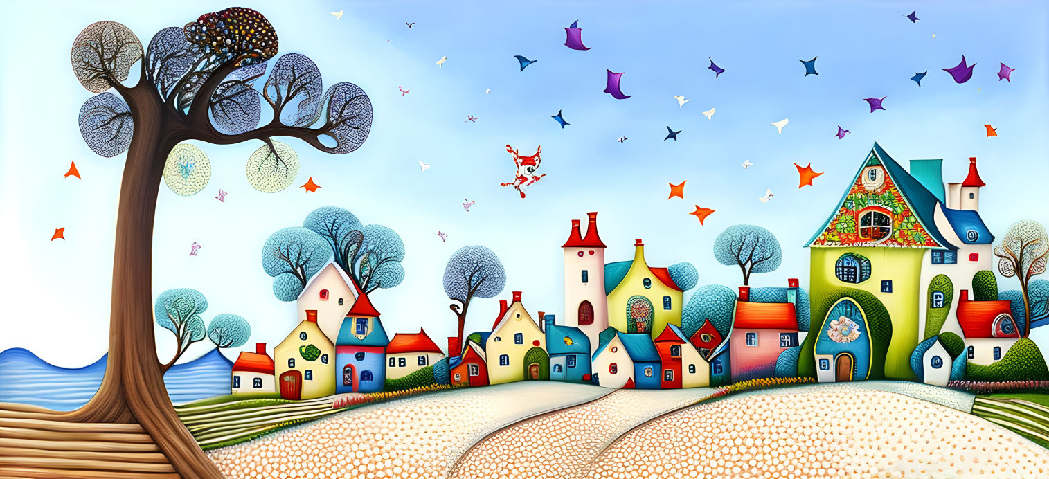 Colorful Houses, Tree, Birds, Hills, and Patterned Sky in Whimsical Landscape