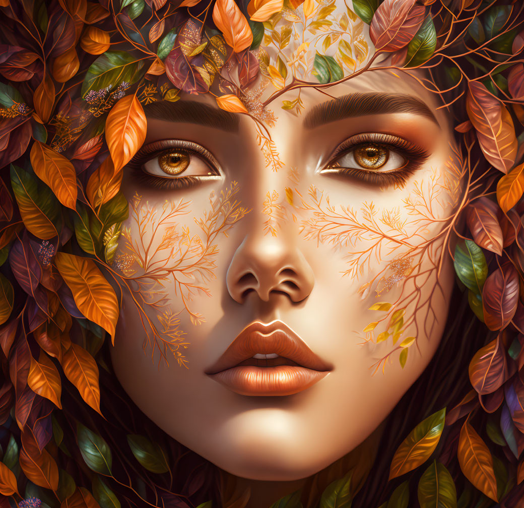 Detailed illustration of woman's face with autumn leaves & branches in hair, symbolizing fall season.