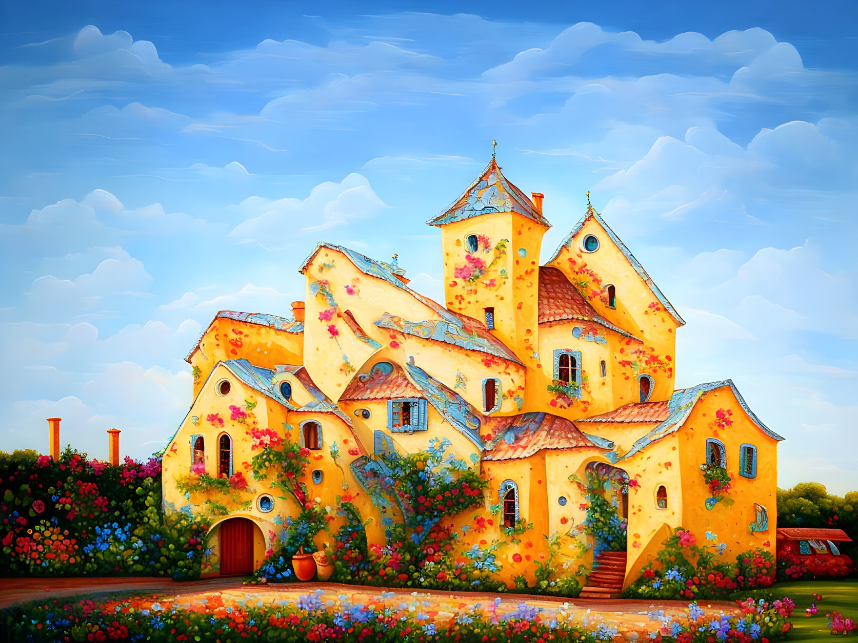 Colorful painting: whimsical yellow fairy-tale houses in lush floral setting.