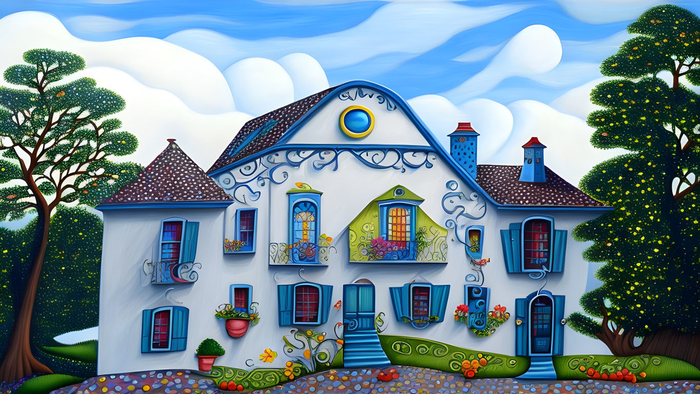 Whimsical house with ornate windows in colorful landscape