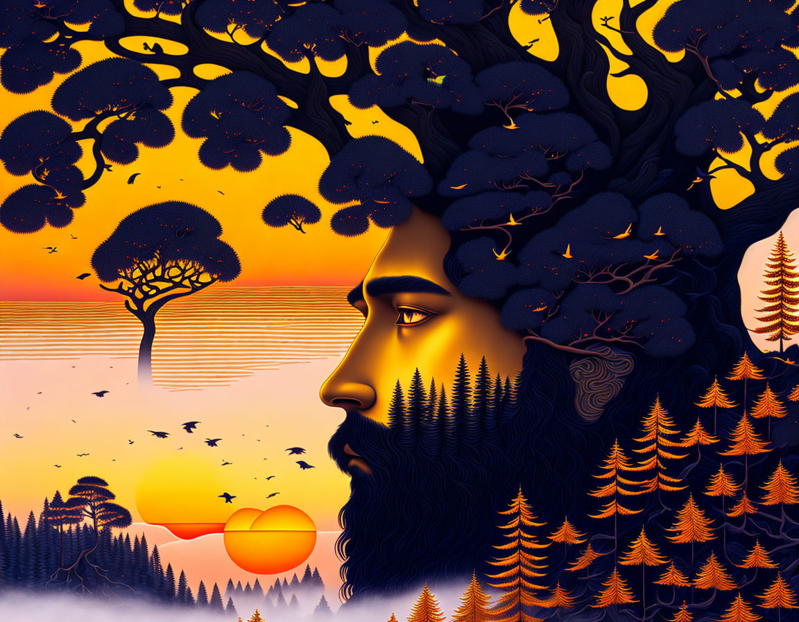 Surreal illustration: man's profile merges with scenic landscape