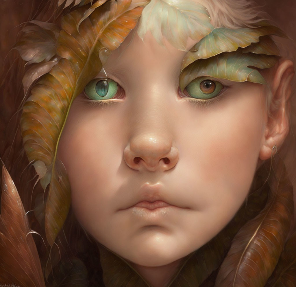 Close-up digital painting of child with serene green eyes and earth-toned feather headdress