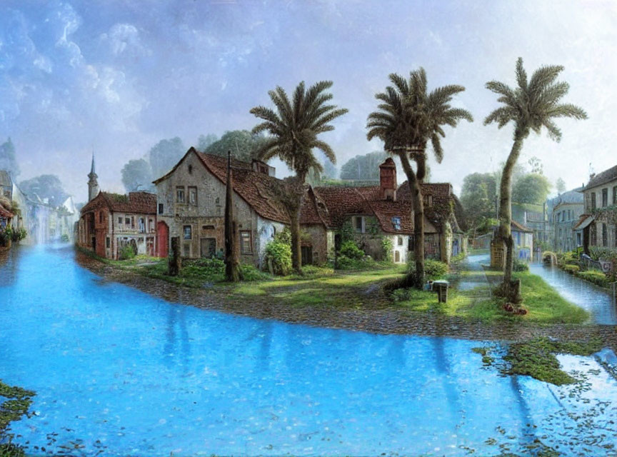 Scenic village with cobblestone paths by blue canal