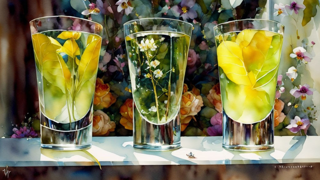 Colorful Watercolor Glasses with Yellow Flowers and Multicolored Flora