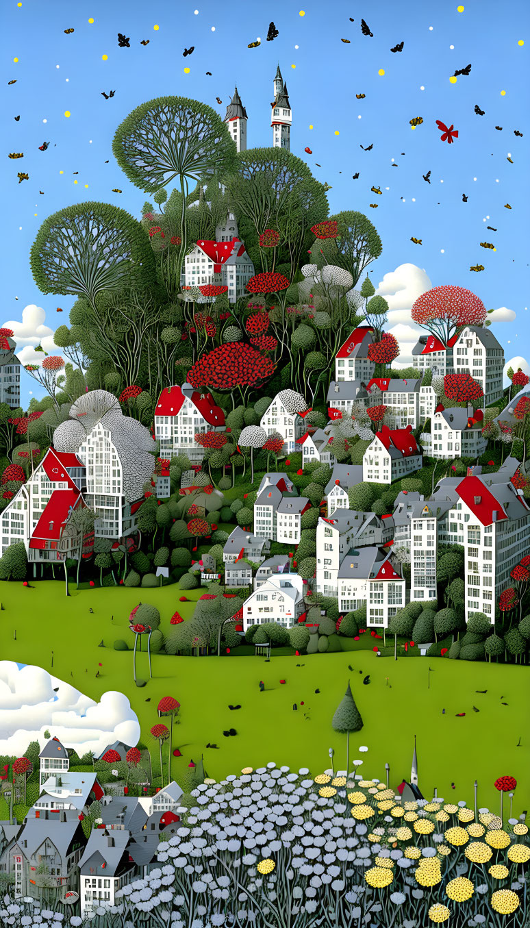 Whimsical village scene with mushroom houses, castle, and lush greenery