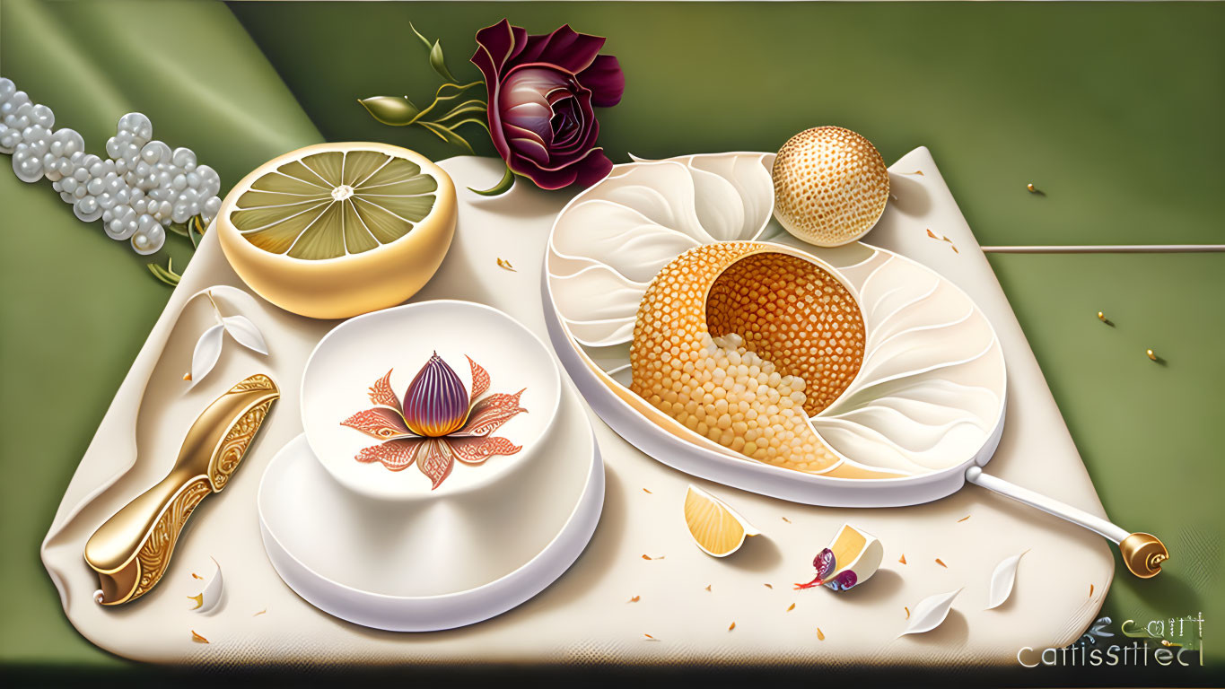 Velvet rose, golden cutlery, lemon, pearls, nautilus shell still life on green