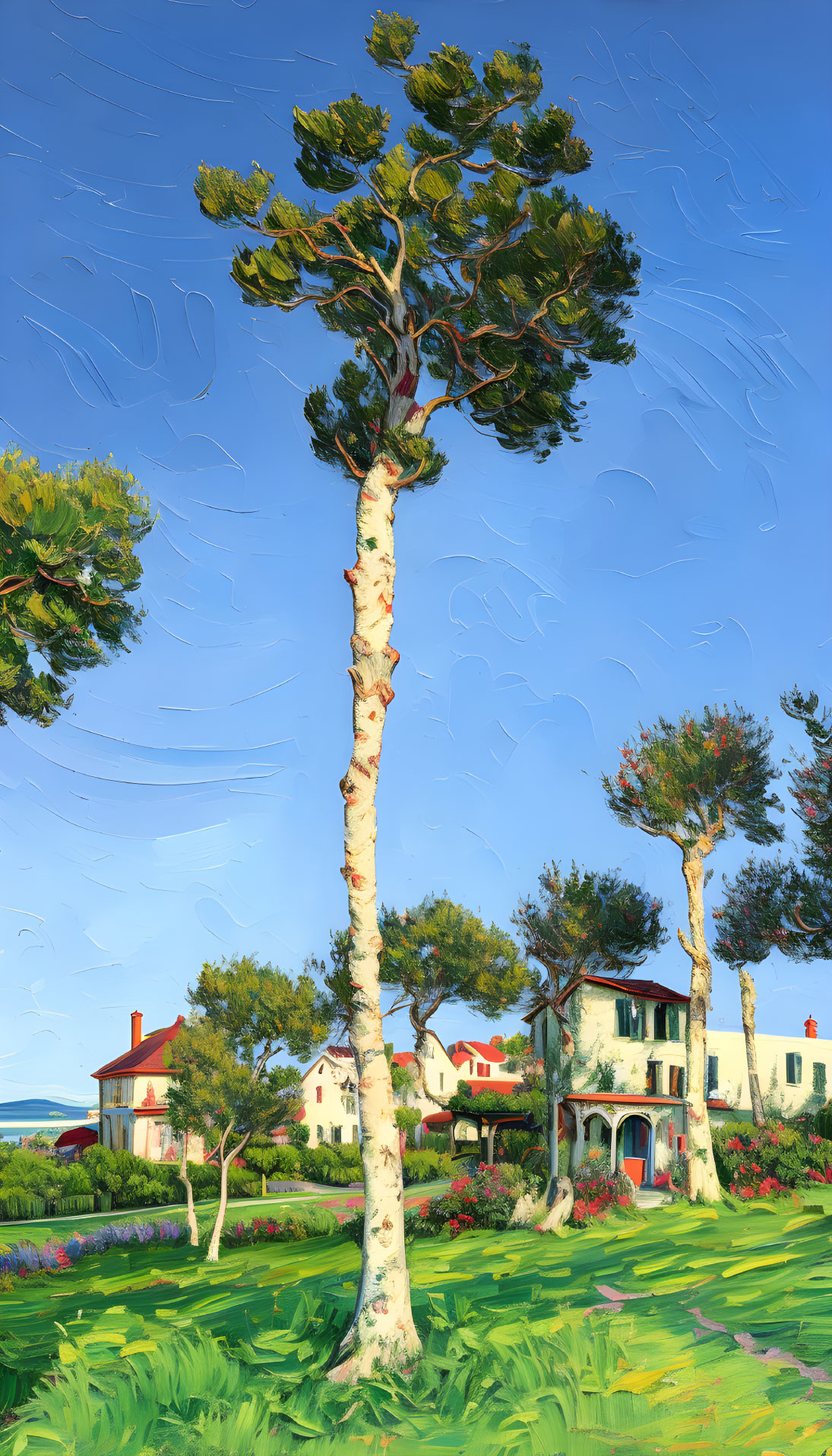 Colorful painting of tall tree, green landscape, houses, blue sky