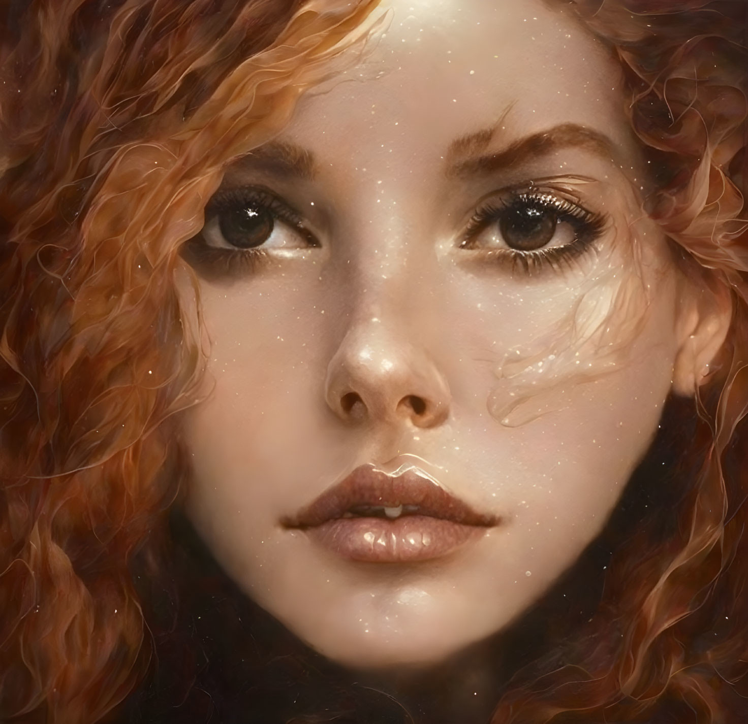 Portrait of Woman with Wavy Red Hair and Dark Eyes