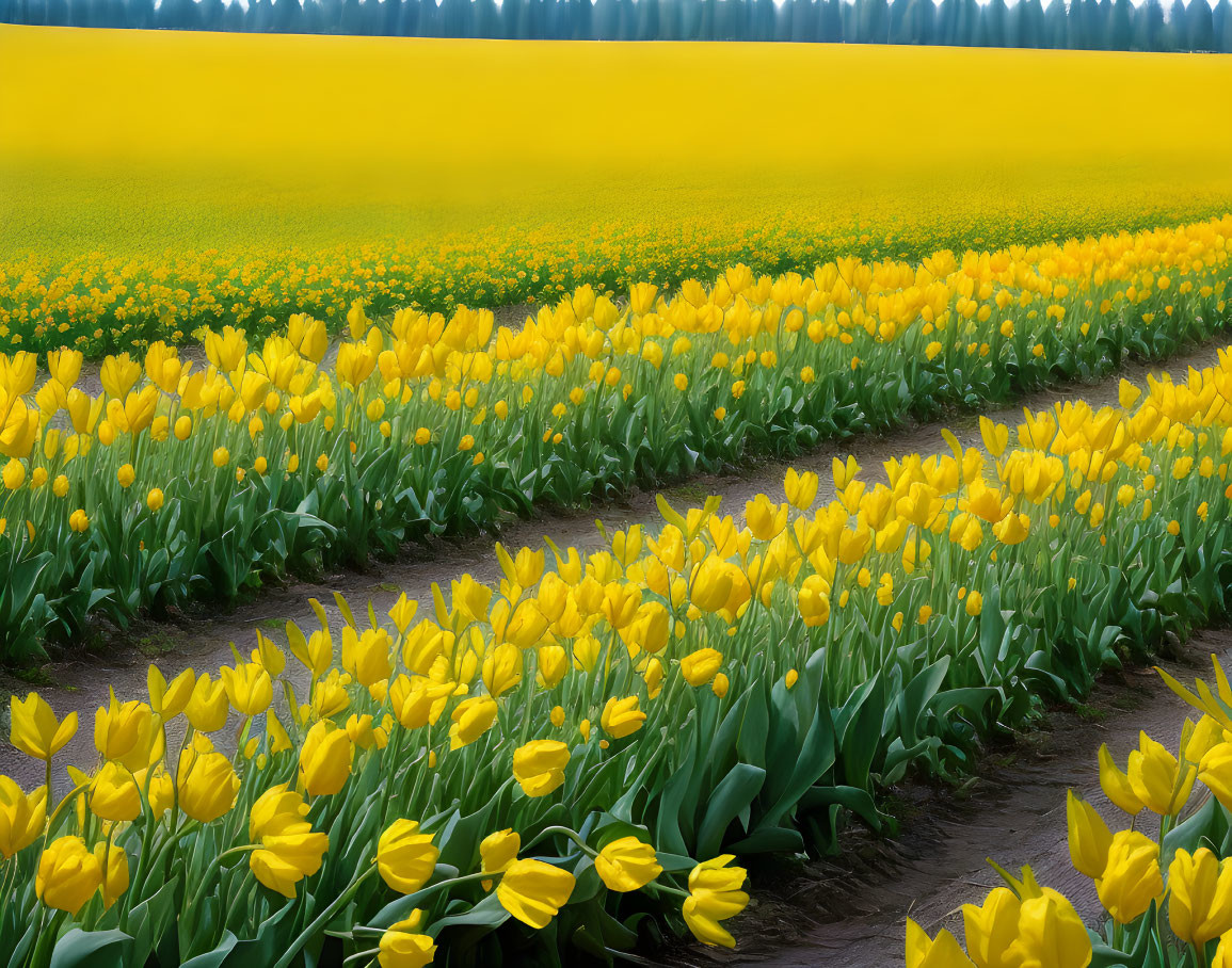 Yellow Tulips and Rapeseed Field Under Clear Sky