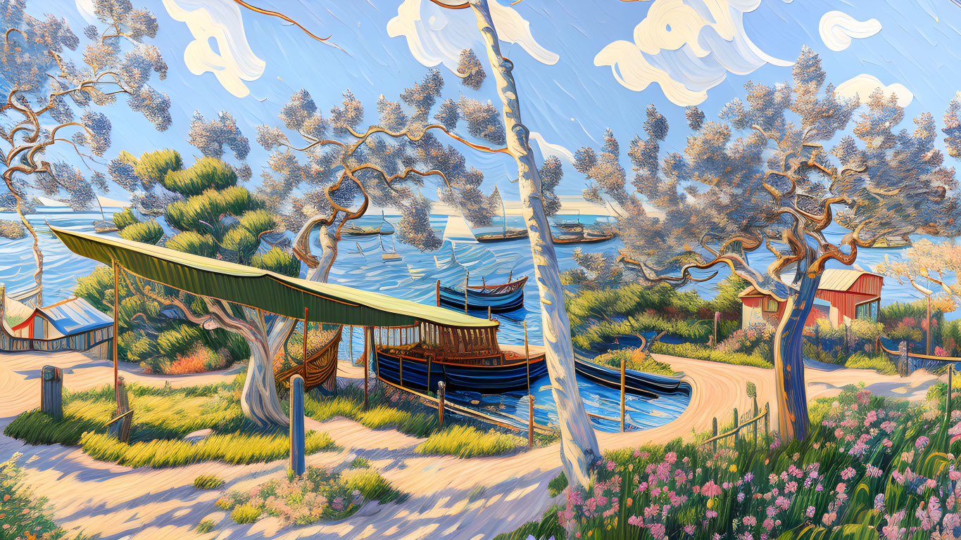 Colorful Coastal Scene with Twisted Trees, Boat Shelter, Buildings, Blue Sea, and White S