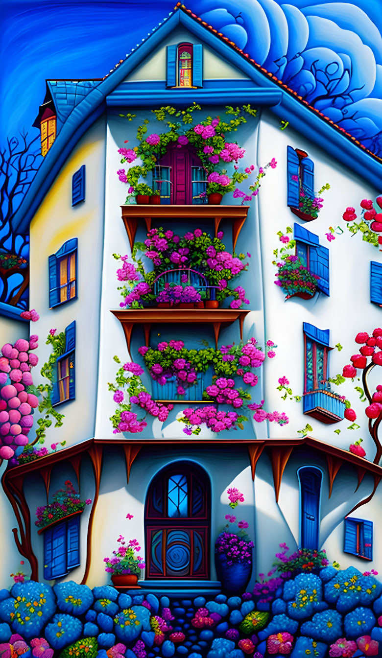 Vibrant illustration of tall house with floral balconies against swirling sky