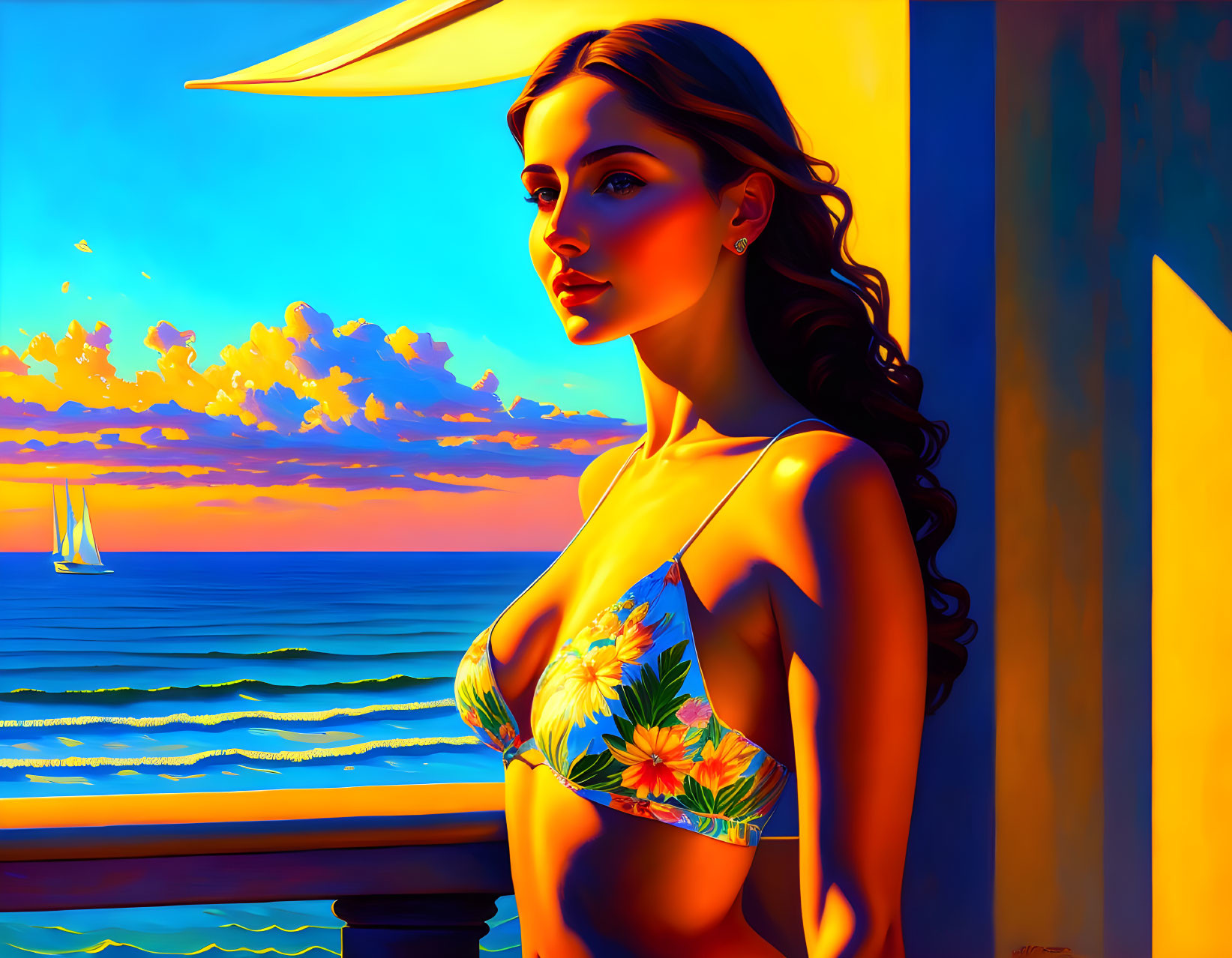 Colorful seascape sunset with woman in floral bikini