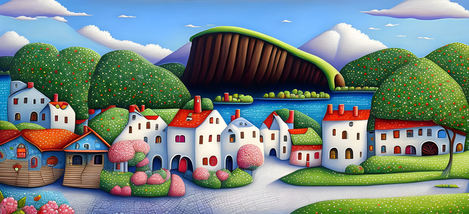 Colorful Village Illustration with Unique Houses, Green Hills, and Wooden Bridge