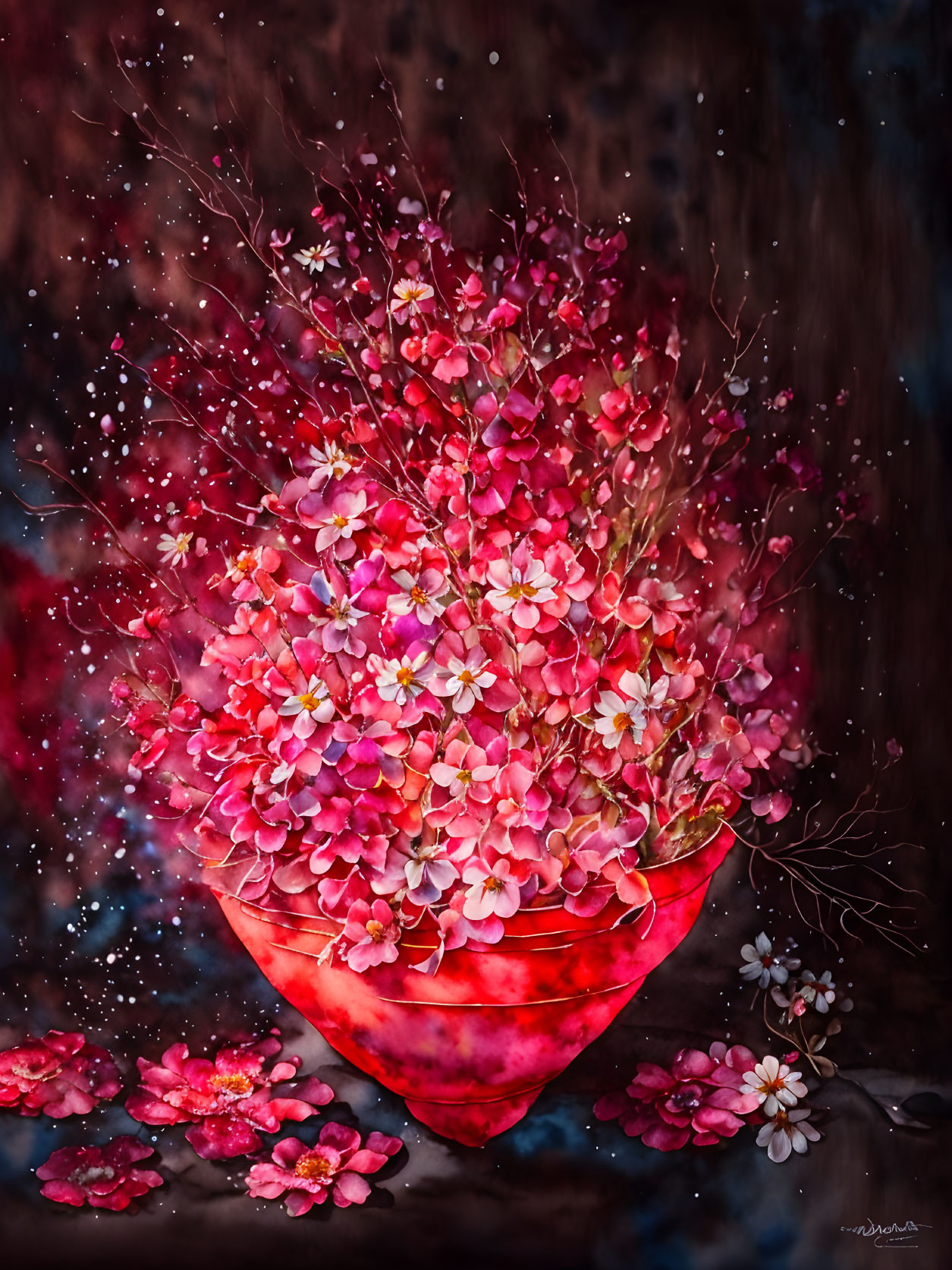 Colorful painting of heart-shaped vase with flowers on dark background