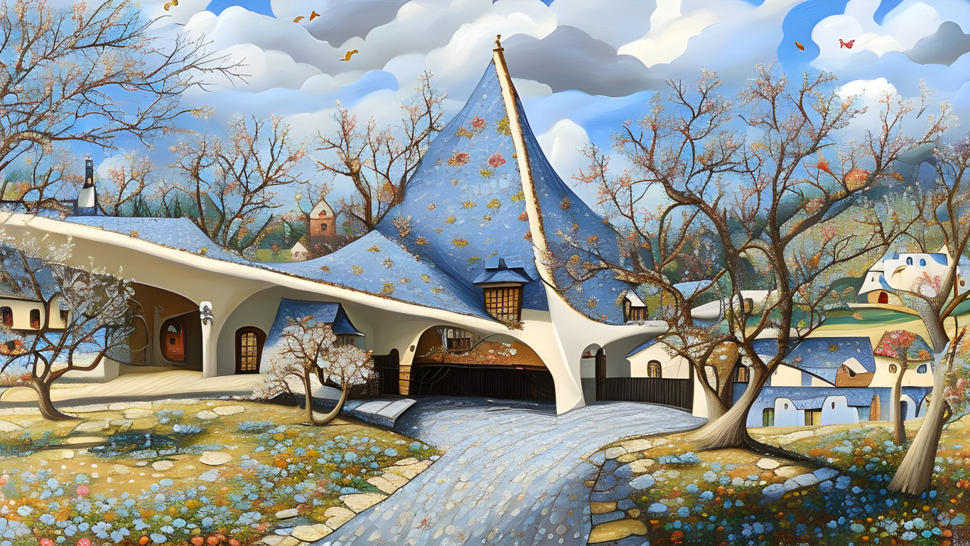 Whimsical fantasy landscape with flowering trees and cobblestone path