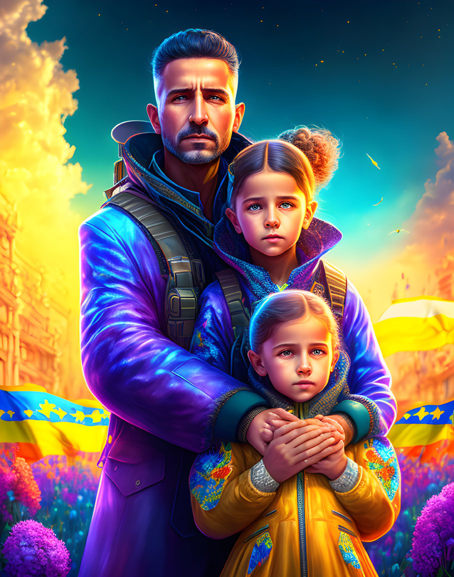 Illustration of man embracing two girls in colorful cityscape at sunset