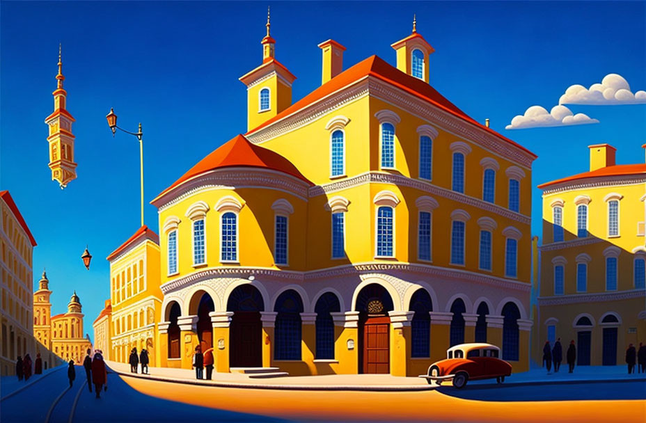 Colorful European Town Scene with Yellow Building, Pedestrians, and Old Car