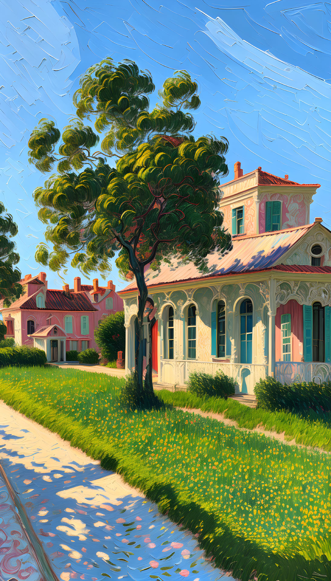 Colorful painting of tree-lined path and quaint houses under blue sky