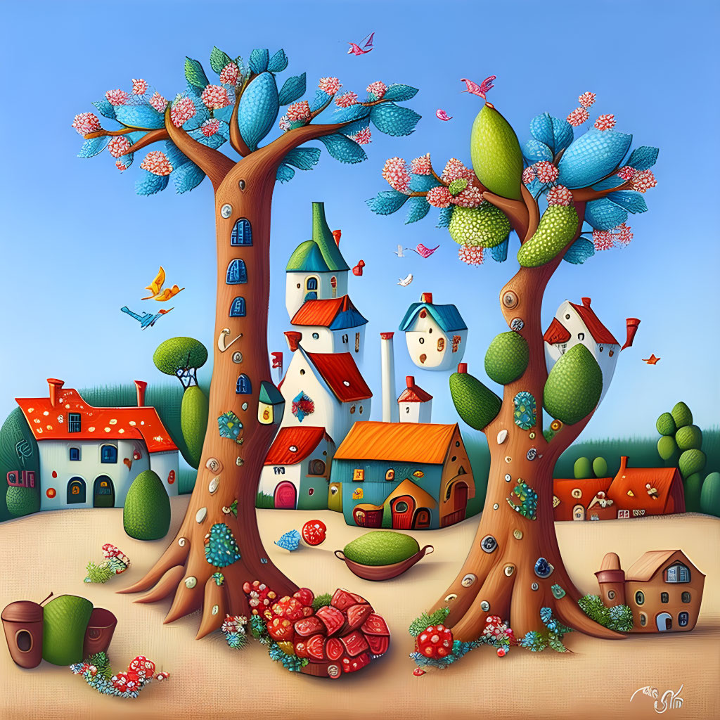 Whimsical fantasy landscape with colorful buildings and birds