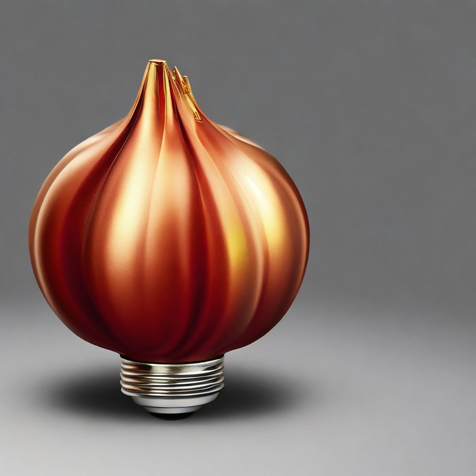 Glossy Reddish-Brown Onion Light Bulb on Gray Background