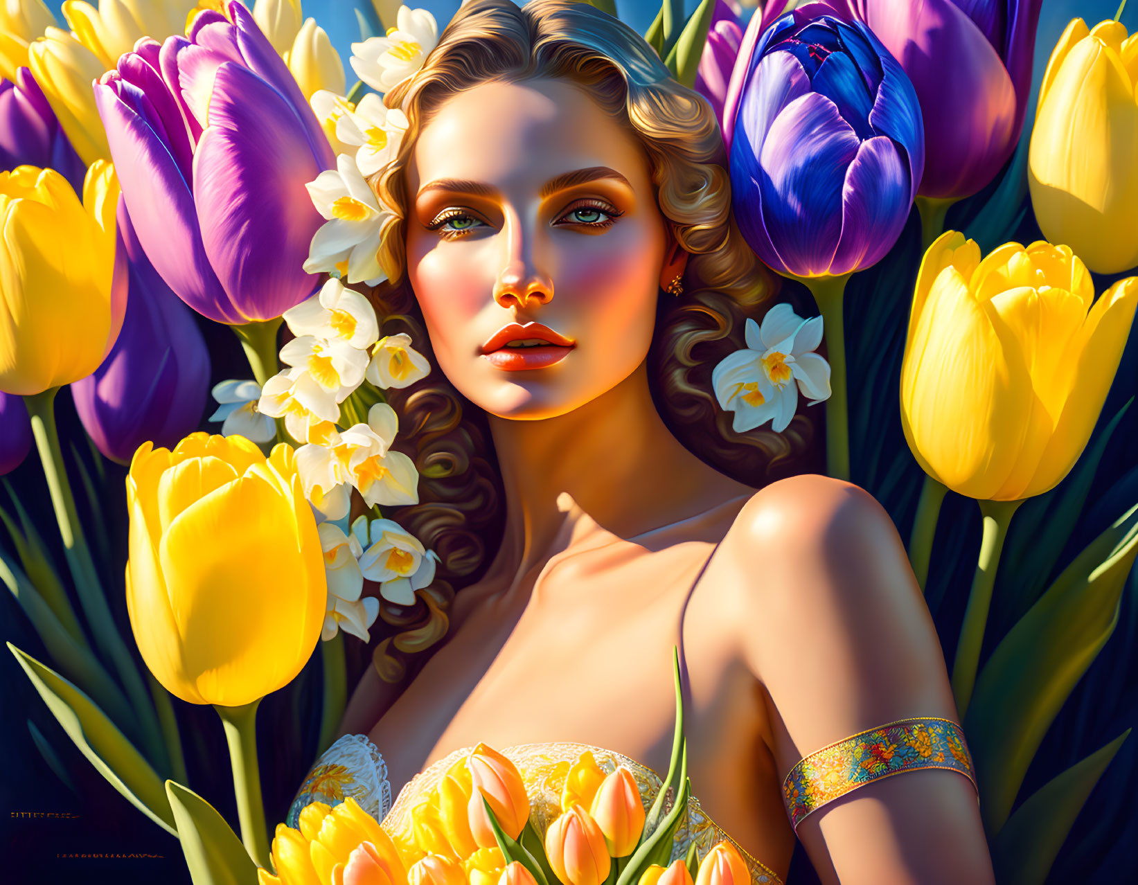 Woman with Wavy Hair Among Vibrant Tulips and Daffodils