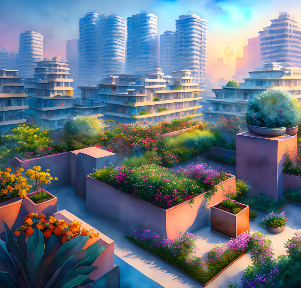 Rooftop garden with flowering plants at sunset amid high-rise buildings