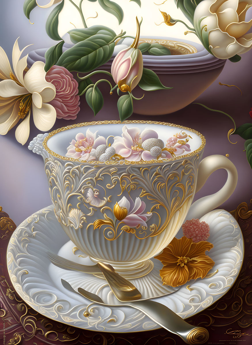 Floral Motif Teacup with Gold Accents on Embellished Saucer