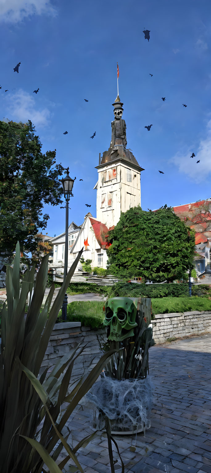 Clock tower in town square with Halloween decorations and birds under blue sky