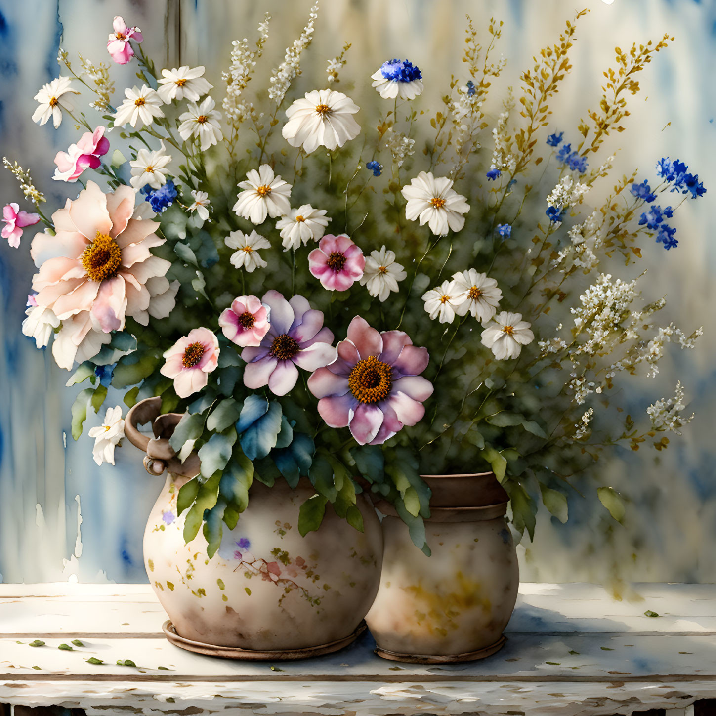 Colorful Flower Bouquet in Rustic Vases on Wooden Surface