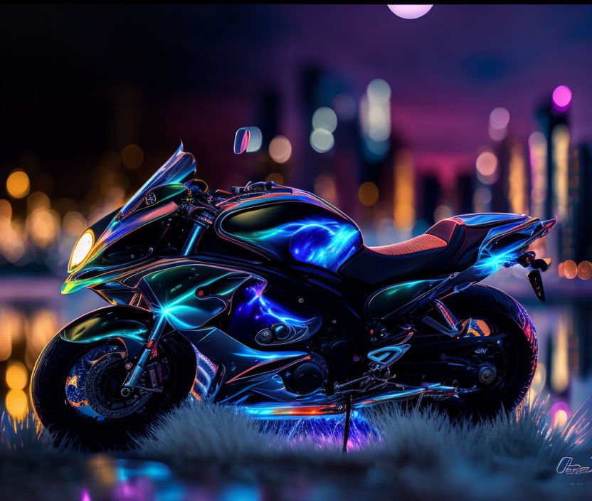 Sleek neon-lit motorcycle against blurred city nightscape